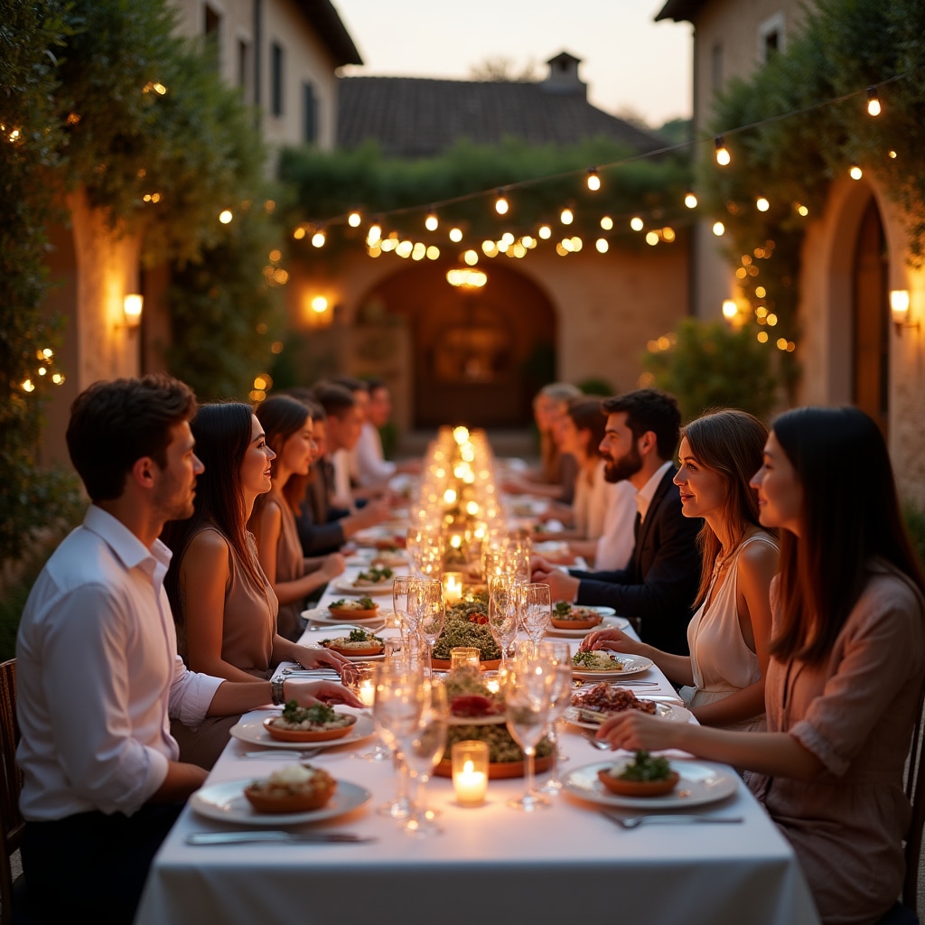 Cena aziendale in una villa toscana al tramonto