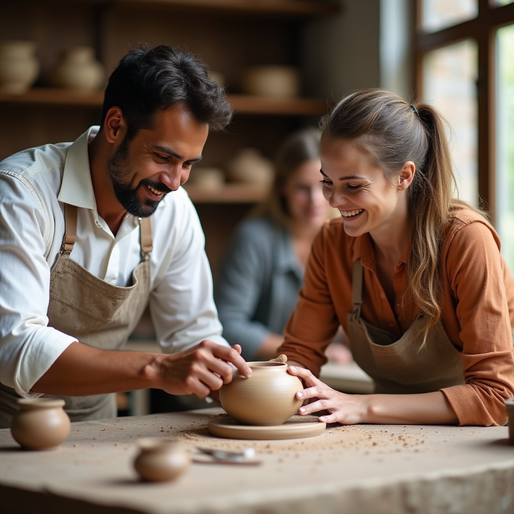 Colleghi durante un laboratorio di ceramica artigianale